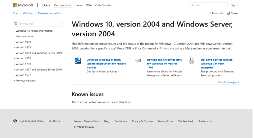 Website Windows 10 Release Information