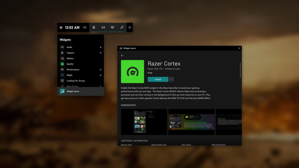 Game Bar Widget Razer Cortex